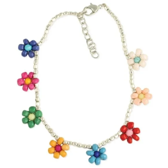 Multi-colored Beaded Floral Silver Boho Anklet - Picture 1 of 2